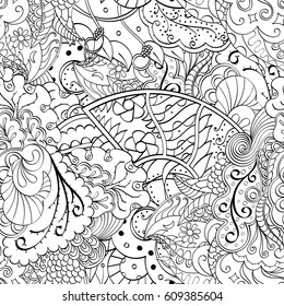 Tracery seamless pattern. Mehndi design. Ethnic monochrome binary doodle texture. Curved doodling black and white background. Vector