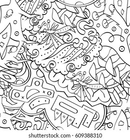Tracery seamless pattern. Mehndi design. Ethnic monochrome binary doodle texture. Curved doodling black and white background. Vector