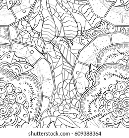 Tracery seamless pattern. Mehndi design. Ethnic monochrome binary doodle texture. Curved doodling black and white background. Vector