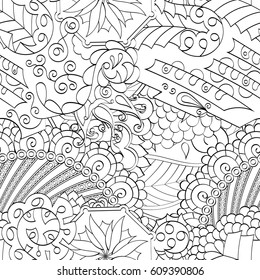 Tracery seamless pattern. Mehndi design. Ethnic monochrome binary doodle texture. Curved doodling black and white background. Vector