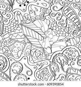 Tracery seamless pattern. Mehndi design. Ethnic monochrome binary doodle texture. Curved doodling black and white background. Vector