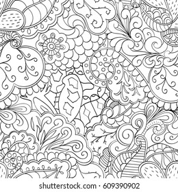 Tracery seamless pattern. Mehndi design. Ethnic monochrome binary doodle texture. Curved doodling black and white background. Vector