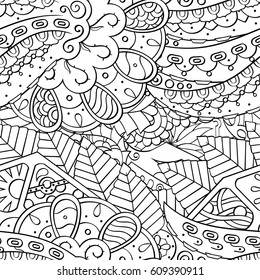 Tracery seamless pattern. Mehndi design. Ethnic monochrome binary doodle texture. Curved doodling black and white background. Vector