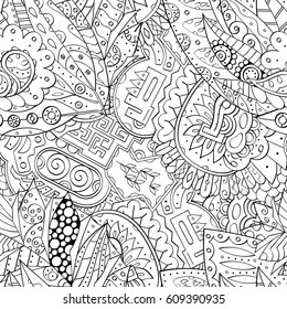 Tracery seamless pattern. Mehndi design. Ethnic monochrome binary doodle texture. Curved doodling black and white background. Vector