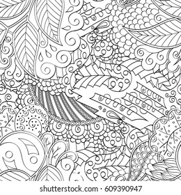 Tracery seamless pattern. Mehndi design. Ethnic monochrome binary doodle texture. Curved doodling black and white background. Vector