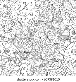 Tracery seamless pattern. Mehndi design. Ethnic monochrome binary doodle texture. Curved doodling black and white background. Vector