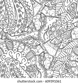 Tracery seamless pattern. Mehndi design. Ethnic monochrome binary doodle texture. Curved doodling black and white background. Vector