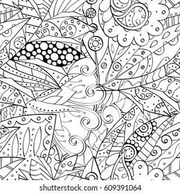 Tracery seamless pattern. Mehndi design. Ethnic monochrome binary doodle texture. Curved doodling black and white background. Vector