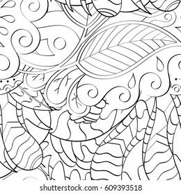 Tracery seamless pattern. Mehndi design. Ethnic monochrome binary doodle texture. Curved doodling black and white background. Vector