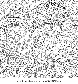 Tracery seamless pattern. Mehndi design. Ethnic monochrome binary doodle texture. Curved doodling black and white background. Vector