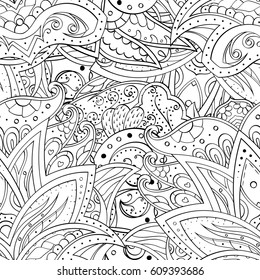 Tracery seamless pattern. Mehndi design. Ethnic monochrome binary doodle texture. Curved doodling black and white background. Vector