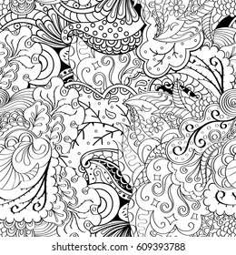 Tracery seamless pattern. Mehndi design. Ethnic monochrome binary doodle texture. Curved doodling black and white background. Vector