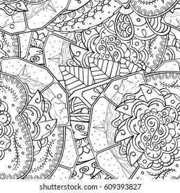Tracery seamless pattern. Mehndi design. Ethnic monochrome binary doodle texture. Curved doodling black and white background. Vector