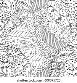 Tracery seamless pattern. Mehndi design. Ethnic monochrome binary doodle texture. Curved doodling black and white background. Vector