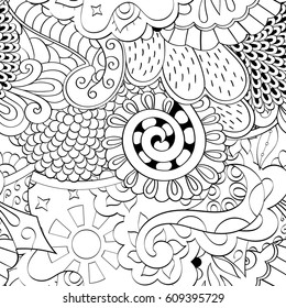 Tracery seamless pattern. Mehndi design. Ethnic monochrome binary doodle texture. Curved doodling black and white background. Vector
