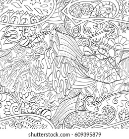 Tracery seamless pattern. Mehndi design. Ethnic monochrome binary doodle texture. Curved doodling black and white background. Vector