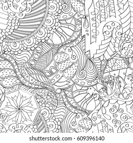 Tracery seamless pattern. Mehndi design. Ethnic monochrome binary doodle texture. Curved doodling black and white background. Vector