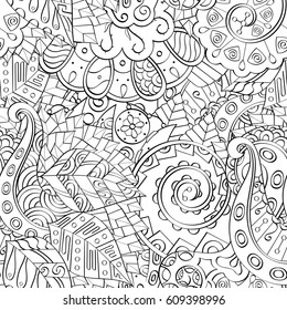 Tracery seamless pattern. Mehndi design. Ethnic monochrome binary doodle texture. Curved doodling black and white background. Vector