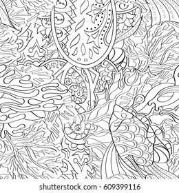 Tracery seamless pattern. Mehndi design. Ethnic monochrome binary doodle texture. Curved doodling black and white background. Vector