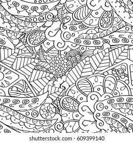 Tracery seamless pattern. Mehndi design. Ethnic monochrome binary doodle texture. Curved doodling black and white background. Vector