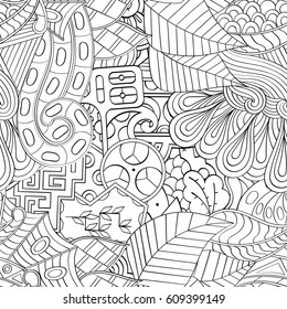 Tracery seamless pattern. Mehndi design. Ethnic monochrome binary doodle texture. Curved doodling black and white background. Vector