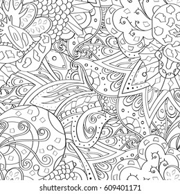 Tracery seamless pattern. Mehndi design. Ethnic monochrome binary doodle texture. Curved doodling black and white background. Vector