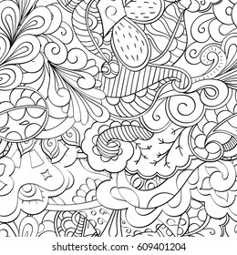 Tracery seamless pattern. Mehndi design. Ethnic monochrome binary doodle texture. Curved doodling black and white background. Vector