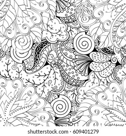 Tracery seamless pattern. Mehndi design. Ethnic monochrome binary doodle texture. Curved doodling black and white background. Vector