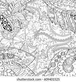 Tracery seamless pattern. Mehndi design. Ethnic monochrome binary doodle texture. Curved doodling black and white background. Vector