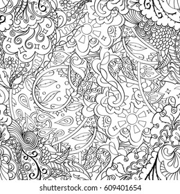 Tracery seamless pattern. Mehndi design. Ethnic monochrome binary doodle texture. Curved doodling black and white background. Vector