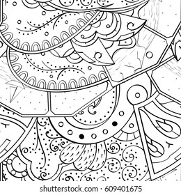 Tracery seamless pattern. Mehndi design. Ethnic monochrome binary doodle texture. Curved doodling black and white background. Vector