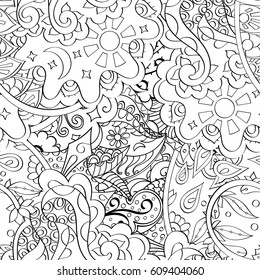 Tracery seamless pattern. Mehndi design. Ethnic monochrome binary doodle texture. Curved doodling black and white background. Vector