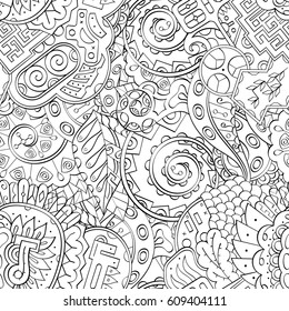 Tracery seamless pattern. Mehndi design. Ethnic monochrome binary doodle texture. Curved doodling black and white background. Vector