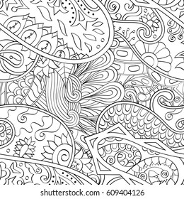 Tracery seamless pattern. Mehndi design. Ethnic monochrome binary doodle texture. Curved doodling black and white background. Vector