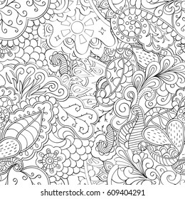 Tracery seamless pattern. Mehndi design. Ethnic monochrome binary doodle texture. Curved doodling black and white background. Vector