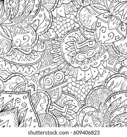 Tracery seamless pattern. Mehndi design. Ethnic monochrome binary doodle texture. Curved doodling black and white background. Vector