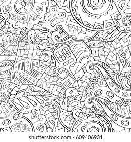 Tracery seamless pattern. Mehndi design. Ethnic monochrome binary doodle texture. Curved doodling black and white background. Vector