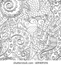 Tracery seamless pattern. Mehndi design. Ethnic monochrome binary doodle texture. Curved doodling black and white background. Vector