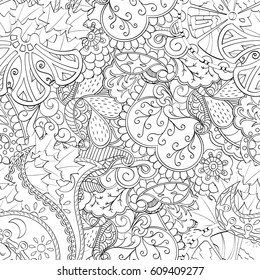 Tracery seamless pattern. Mehndi design. Ethnic monochrome binary doodle texture. Curved doodling black and white background. Vector