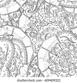 Tracery seamless pattern. Mehndi design. Ethnic monochrome binary doodle texture. Curved doodling black and white background. Vector