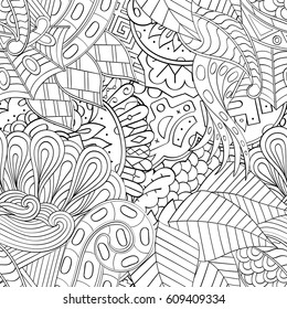 Tracery seamless pattern. Mehndi design. Ethnic monochrome binary doodle texture. Curved doodling black and white background. Vector