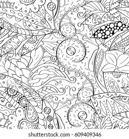 Tracery seamless pattern. Mehndi design. Ethnic monochrome binary doodle texture. Curved doodling black and white background. Vector