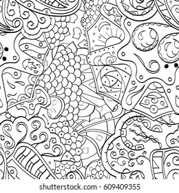 Tracery seamless pattern. Mehndi design. Ethnic monochrome binary doodle texture. Curved doodling black and white background. Vector