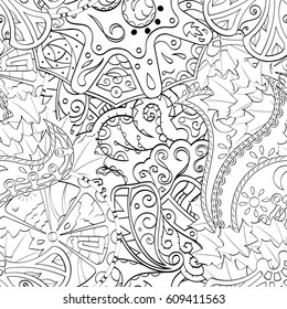 Tracery seamless pattern. Mehndi design. Ethnic monochrome binary doodle texture. Curved doodling black and white background. Vector