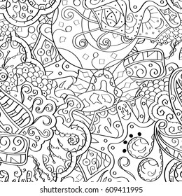 Tracery seamless pattern. Mehndi design. Ethnic monochrome binary doodle texture. Curved doodling black and white background. Vector