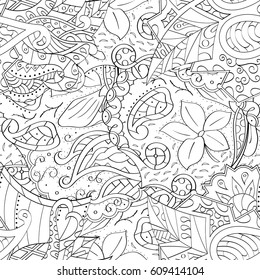 Tracery seamless pattern. Mehndi design. Ethnic monochrome binary doodle texture. Curved doodling black and white background. Vector
