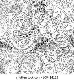 Tracery seamless pattern. Mehndi design. Ethnic monochrome binary doodle texture. Curved doodling black and white background. Vector