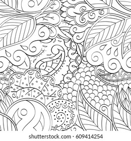 Tracery seamless pattern. Mehndi design. Ethnic monochrome binary doodle texture. Curved doodling black and white background. Vector