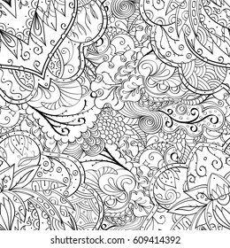 Tracery seamless pattern. Mehndi design. Ethnic monochrome binary doodle texture. Curved doodling black and white background. Vector