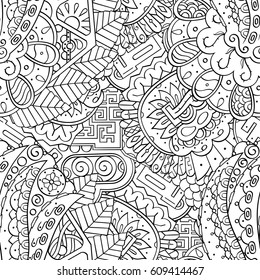 Tracery seamless pattern. Mehndi design. Ethnic monochrome binary doodle texture. Curved doodling black and white background. Vector